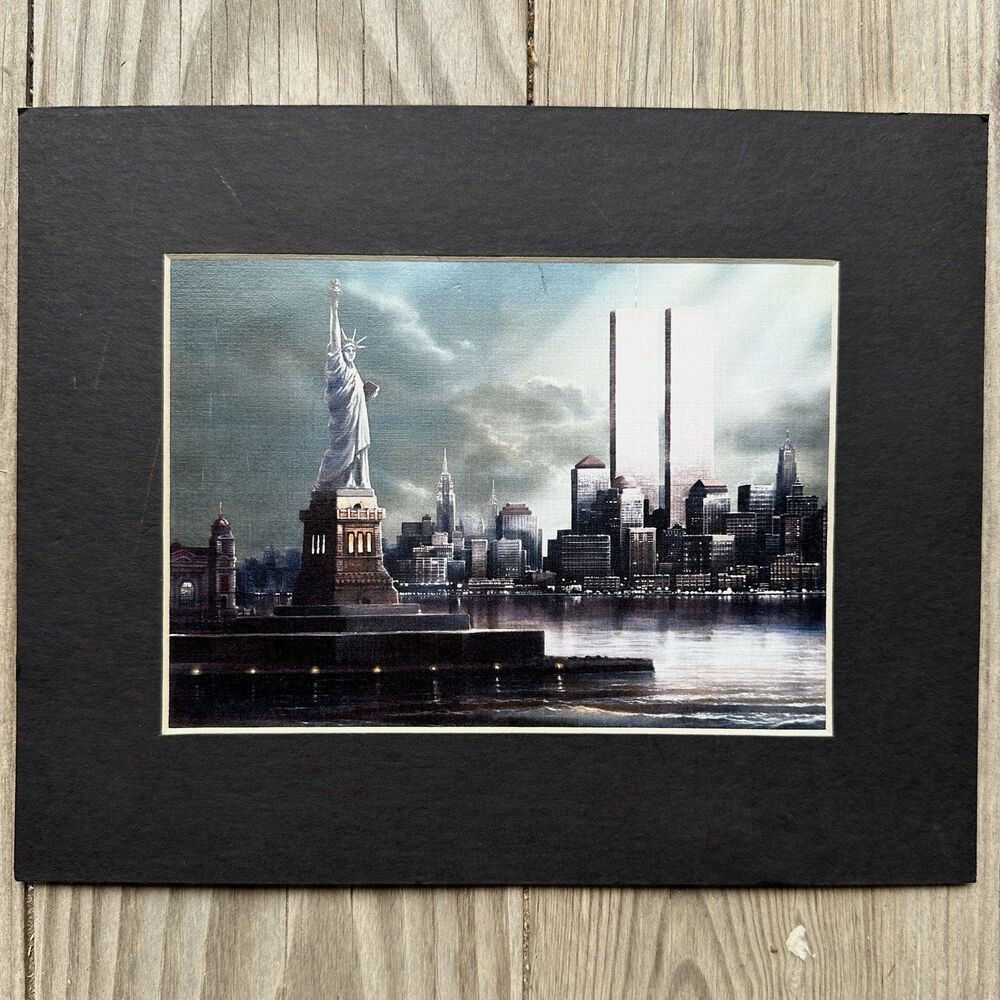 Twin Towers NYC Skyline Mat Wall Art Statue Liberty Print Dark Academia Decor